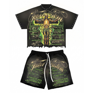 เสื้อยืดลายโครงกระดูกสไตล์วินเทจสำหรับผู้ชายสุดฮิตประจำฤดูร้อน ชุดเซ็ตเสื้อยืดและกางเกงขาสั้นทรงโอเวอร์ไซส์ แต่งดีเทลขาดๆ แบบวินเทจ พร้อมเสื้อยืดปักหมุด ลุคสตรีทแวร์ - Product Image 2
