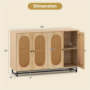 Credenza Grande in Rattan PE Naturale da 50 Pollici con 4 Ante e Ripiani Rimovibili e Regolabili - Product Image 6