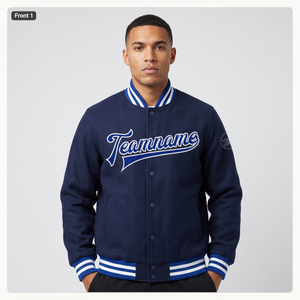 Custom Embroidered Satin Lining 100% Polyester Unisex Autumn Varsity <b>Jacket</b> Snap Front <b>Smart</b> Casual Teamwear - Product Image 1