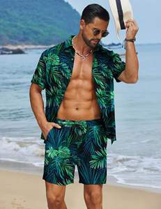 Chemise à manches courtes à col boutonné et imprimé feuilles de palmier tropicales bleu-vert pour homme, ensemble 2 pièces avec short assorti, tenue hawaïenne décontractée - Product Image 3