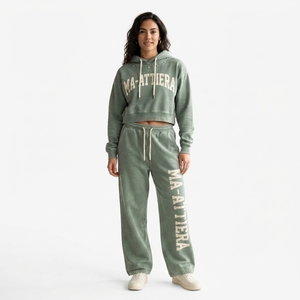 Custom Women Sage Green Acid Wash <b>Cropped</b> Hoodie <b>Jogger</b> Set Cotton Fleece Streetwear Tracksuit OEM Wholesale - Product Image 1