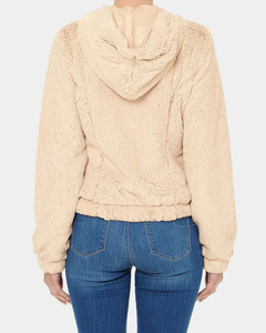<b>Women's</b>Beige Faux Fur Zip Up Hooded Jacket Full Zip Plush <b>Sherpa</b> <b>Coat</b> Custom Winter Outerwear Wholesale Clothing Manufacturer - Product Image 2