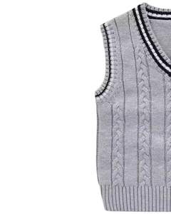 Chaleco de Punto Gris con Ribete Negro, Manga Regular, 100% Algodón, con Patrón de Letras, Cuello en V, Suave y Cálido, para Invierno - Product Image 3