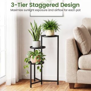 Support à plantes en métal à 3 niveaux, noir, antirouille, étagère d'angle avec pieds anti-rayures - Product Image 3