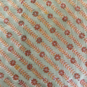 Tela de algodón estampada a mano – Diseño floral Buti y rayas de hojas sobre base verde salvia - Product Image 1