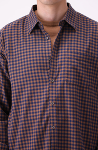 Camisa a cuadros micro azul y marrón para hombre, informal, de algodón, manga larga, elegante, con botones, para oficina, cómoda. - Product Image 5
