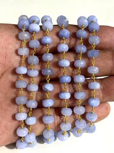 สร้อยลูกปัดหินแคลเซโดนีสีน้ำเงินธรรมชาติขนาด 8 มม. หุ้มด้วยลวดชุบทอง สำหรับทำเครื่องประดับ DIY - Product Image 5