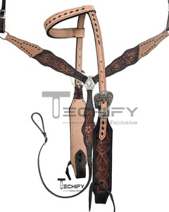 Western Horse One Ear Peint à la main Fleur Headstall Bride avec plastron Coloré Outillage et tissage en cuir brut - Product Image 1