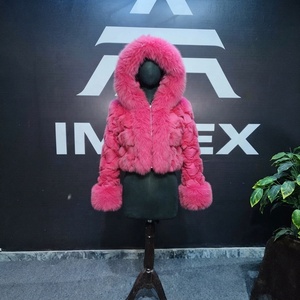 Pink Fur Hooded Down <b>Coat</b> With Fluffy Sleeve Cuffs Casual Winter Outerwear Short Length Zipper Closure - Product Image 1