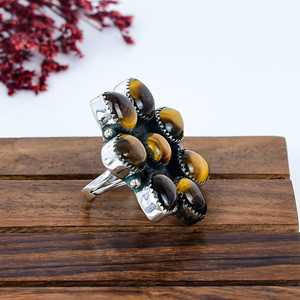 Tiger's Eye Flower <b>Statement</b> <b>Ring</b> 925 Sterling <b>Silver</b> Yellow Gemstone Boho Floral Jewelry Gift for Her - Product Image 5