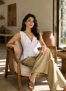 Hot Selling Women Summer Peplum Top-Loose Fit V-Neck Sleeveless Pleated Blouse Casual Daily Wear <b>Linen</b>/Cotton Premium Quality - Product Image 5