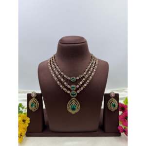 Indian Ethnic Roshni Victorian Gold Plated Brass Three Layer Bridal Wedding Necklace & Earring Set Regular Length - Product Image 2