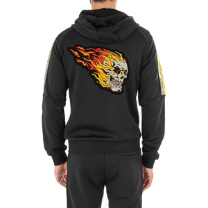 Ensemble de survêtement 2-en-1 pour homme, noir, 100 % coton, léger, écologique, avec sweat à capuche zippé et pantalon, broderie 3D frontale motif crâne flamme - Product Image 2