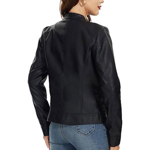 Chaqueta de Moto de Cuero PU para Mujer, Cuello Alto, Cierre de Cremallera, Manga Larga, Estilo Otoñal, Resistente al Viento, Largo Regular - Product Image 2