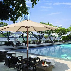 Stylish 9 ft Patio Umbrella with Wooden Ribs & Aluminum Frame Wooden Pole Backyard Market Umbrella Deck Ga - Product Image 1