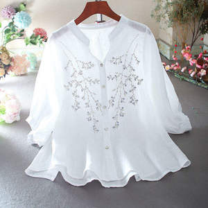 Women's Elegant Floral Embroidery Chiffon Blouse 2026 Ivory White Puff Sleeve V-Neck Button <b>Down</b> Luxury Party Wear Summer Top HD - Product Image 1