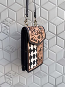 Hand Tooled Carving Leather Phone <b>Purse</b> Sling Bag <b>Small</b> Size Checkered Pattern Handbag For Women Daily Use Shoulder Strap - Product Image 2