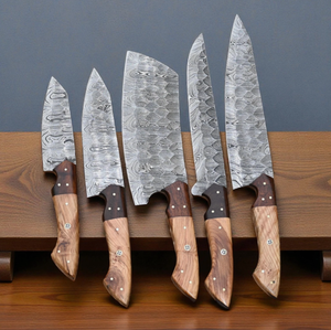 Juego de Cuchillos de Cocina Sm Knives de 5 Piezas, Hechos a Mano, de Acero de Damasco, 0.5 mm de Grosor, Hoja Recta, Punta Caída, Grado Industrial, Madera Azul OEM - Product Image 4