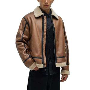 <b>Men's</b> Genuine Leather Bomber <b>Jacket</b> With Sherpa Lining Zipper Closure Winter Warm Moto Style Coat - Product Image 1