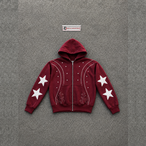 Sweat à capuche zippé oversize bordeaux de qualité supérieure, élégant et tendance, avec patch étoile, style streetwear de luxe, en molleton doux épais délavé rétro - Product Image 5
