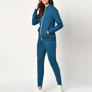 Survêtement bleu pour femme, fermeture éclair intégrale, couleur unie, col montant, sweat-shirt décontracté avec poches latérales, matière respirante en coton et élasthanne - Product Image 2