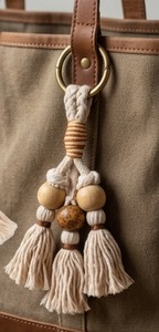 <b>Tassel</b> Decorative <b>Key</b> Ring With Wooden Beads And Cotton Fringe <b>For</b> Drawer Pull Handle - Product Image 2