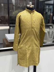 <b>Men's</b> Golden Silk <b>Kurta</b> Traditional Ankle-Length Wedding Wear India Pakistan Style Regular Fit All Seasons - Product Image 4