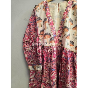 Cotton <b>Mushroom</b> Print Lantern Sleeves Ruffle Hem Loose A-Line Summer Casual <b>Dress</b> Boho V-Neck Midi <b>Dress</b> - Product Image 5