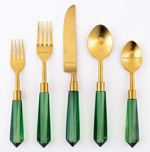 Metal Cutlery Set Green <b>Acrylic</b> Handle Gold Finished for Home Hotel Wedding Dinner Table Decor Flatware Sets - Product Image 1