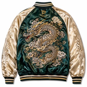 Chaqueta Sukajan Japonesa Personalizada, Chaqueta Bomber con Bordado de Dragón en Satén Esmeralda - Product Image 3