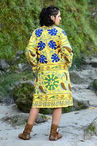 Ethically Handcrafted Yellow <b>Boho</b> Women Suzani Embroidered Long Jacket With Side Pockets Casual Outings Relaxed Fit Ladies Coat - Product Image 6