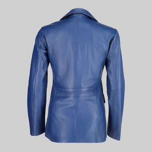 Veste en cuir bleue pour femme avec capuche amovible, vêtement d'extérieur élégant et décontracté, style vintage streetwear, veste en cuir pour femme - Product Image 5