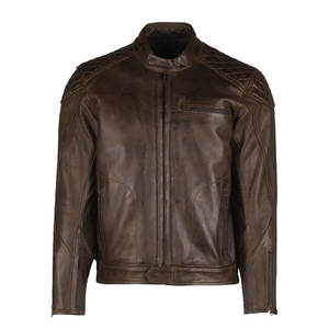 Men's <b>Brown</b> Genuine <b>Leather</b> Motorcycle <b>Jacket</b> Stand Collar Zipper Closure Windproof Moto Biker Style Slim Fit Autumn Wear - Product Image 1