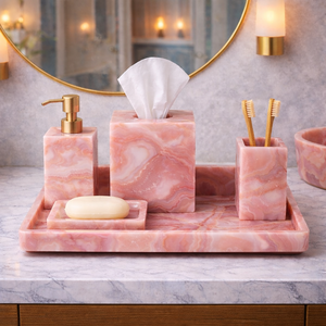 Ensemble d'accessoires de salle de bain en agate rose de luxe 5 pièces : distributeur de savon, boîte à mouchoirs, plateau, porte-brosse à dents, porte-savon - Product Image 1