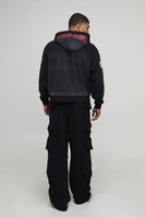Survêtement unisexe décontracté streetwear à capuche, fermeture éclair intégrale, noir, polyester, coupe classique, logo imprimé devant, délavé à l'acide, maternité