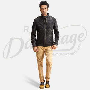 Blouson de motard en cuir matelassé noir de qualité supérieure pour homme, en peau de mouton véritable, coupe ajustée, avec surpiqûres losanges, style mode moto - Product Image 4