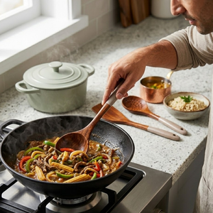 Ensemble d'ustensiles de cuisine en bois faits à la main avec manche émaillé – Cuillère, spatule, louche de cuisson haut de gamme – Kit d'outils en bois naturel écologique - Product Image 2