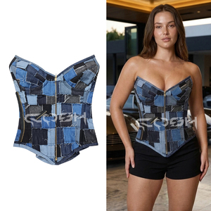 Corsé de mezclilla con patchwork personalizado para mujer, top bustier overbust, corsé moldeador de cintura de mezclilla multicolor azul, corsé moldeador de cuerpo - Product Image 4