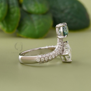 Luxury Round and Lily Cut Vivid Green Lab Diamond Toi et Moi <b>Ring</b> 1.29 ct 14kt White Gold <b>Two</b> <b>Stone</b> Unique Statement Jewelry - Product Image 2