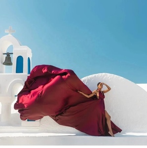Nouvelle Arrivée Robe Longue Rouge Santorini en Chiffon de Soie 100% Écologique Coupe A-Line avec Longue Traîne |   Robe de séance photo pour femmes - Product Image 1