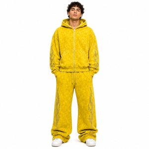 Unisex Acid Wash <b>Yellow</b> Hooded <b>Tracksuit</b> Full Sleeve Regular Fit Casual Winter Solid Color 100% Cotton Elastic Waist Pants Side - Product Image 1