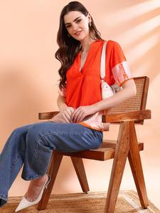 Haut d'été léger pour femme Maaesa, collection designer, en rayonne tie & dye, col mandarin, manches courtes, style décontracté - Product Image 5