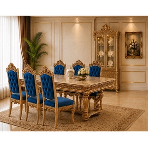 Opulento juego de comedor tapizado en azul real, inspirado en el estilo rococó, mesa de comedor para 8 personas y sillas, muebles de lujo para el comedor. - Product Image 1