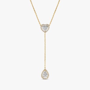 Colliers Y en or massif 14K avec diamants de laboratoire ronds, en forme de poire et en forme de cœur, 42 cm, fermoir mousqueton, sertissage halo, style minimaliste moderne, prix d'usine - Product Image 1