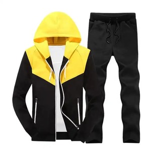 Ensemble de survêtement pour homme avec blocs de couleur, manches longues, capuche, fermeture éclair sur le devant, style sportif décontracté, respirant, polyester et coton, automne - Product Image 1