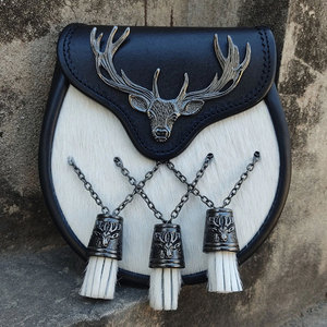 <b>Stag</b> <b>Head</b> Kilt Sporran Highland White Fur and Leather Sporran with 3 Tassels Pouches and Bags - Product Image 6