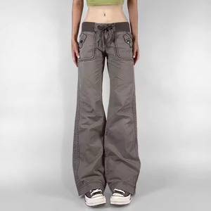 Jeans de mezclilla de tiro bajo, rectos, transpirables, ecológicos, lavados, vintage, lisos, para mujer, con efecto desgastado, con cordón ajustable, casuales - Product Image 5