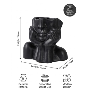 AG Elements - Jarrón Decorativo de Cerámica Negra Abstracta Moderna, Macetero con Forma de Cabeza Escultural, Hecho a Mano, Ecológico, Brillante, para Bodas - Product Image 4