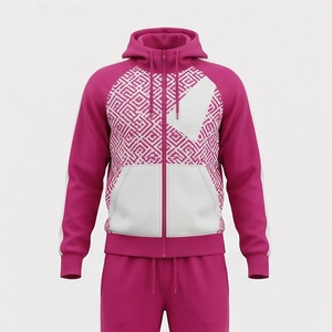 Unisex Hooded <b>Tracksuit</b> Full Zip Geometric Print Sporty Design <b>Pink</b> White Polyester Autumn Wear Adults Regular Fit Side Pockets - Product Image 1