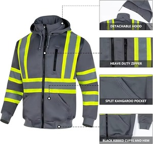 Vente en gros de sweats à capuche de sécurité réfléchissants à haute visibilité, personnalisés, 100% polyester, hiver, multi-poches, fermeture éclair sur le devant - Product Image 2